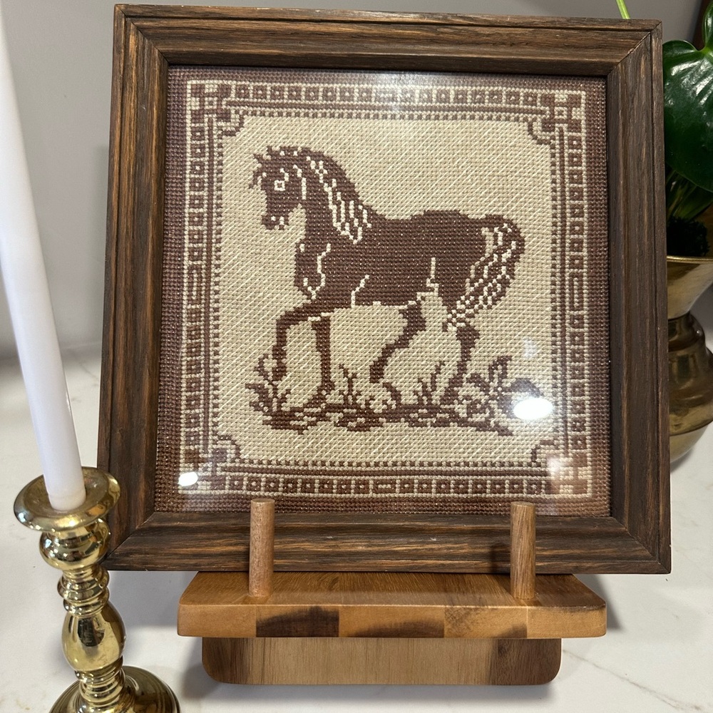 Vintage Horse Needlepoint Horse Art in Wooden Frame